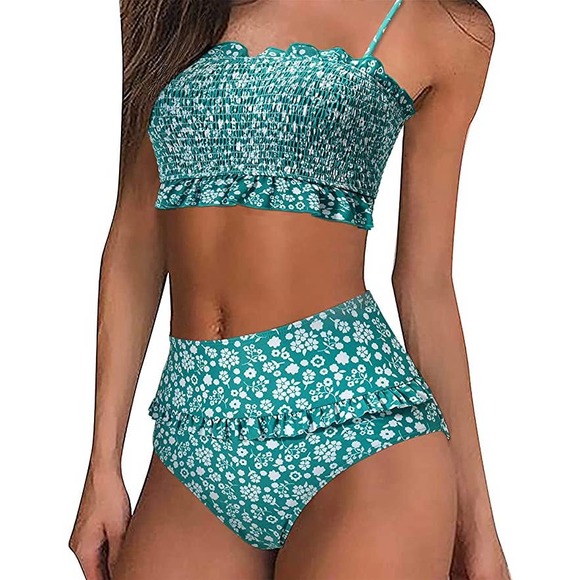 NWOT Mooslover Teal High Waisted Bandeau Bikini Two Piece Swimsuit, Women's M - Picture 2 of 10
